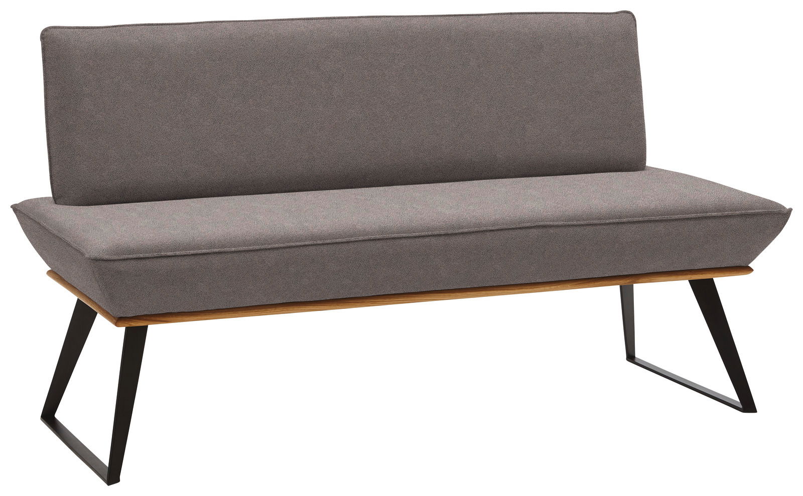 Graue Bank mit schwarzem Metallgestell, seitliche Perspektive