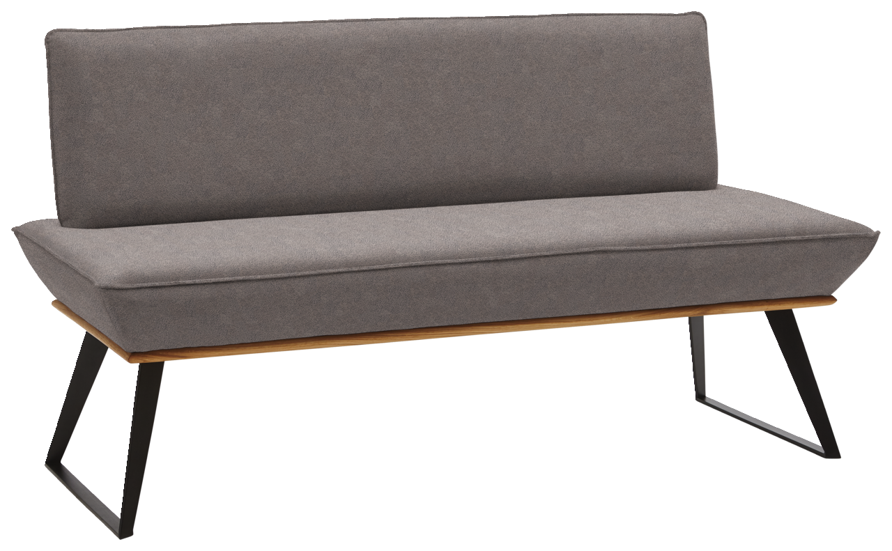 Graue Bank mit schwarzem Metallgestell, seitliche Perspektive