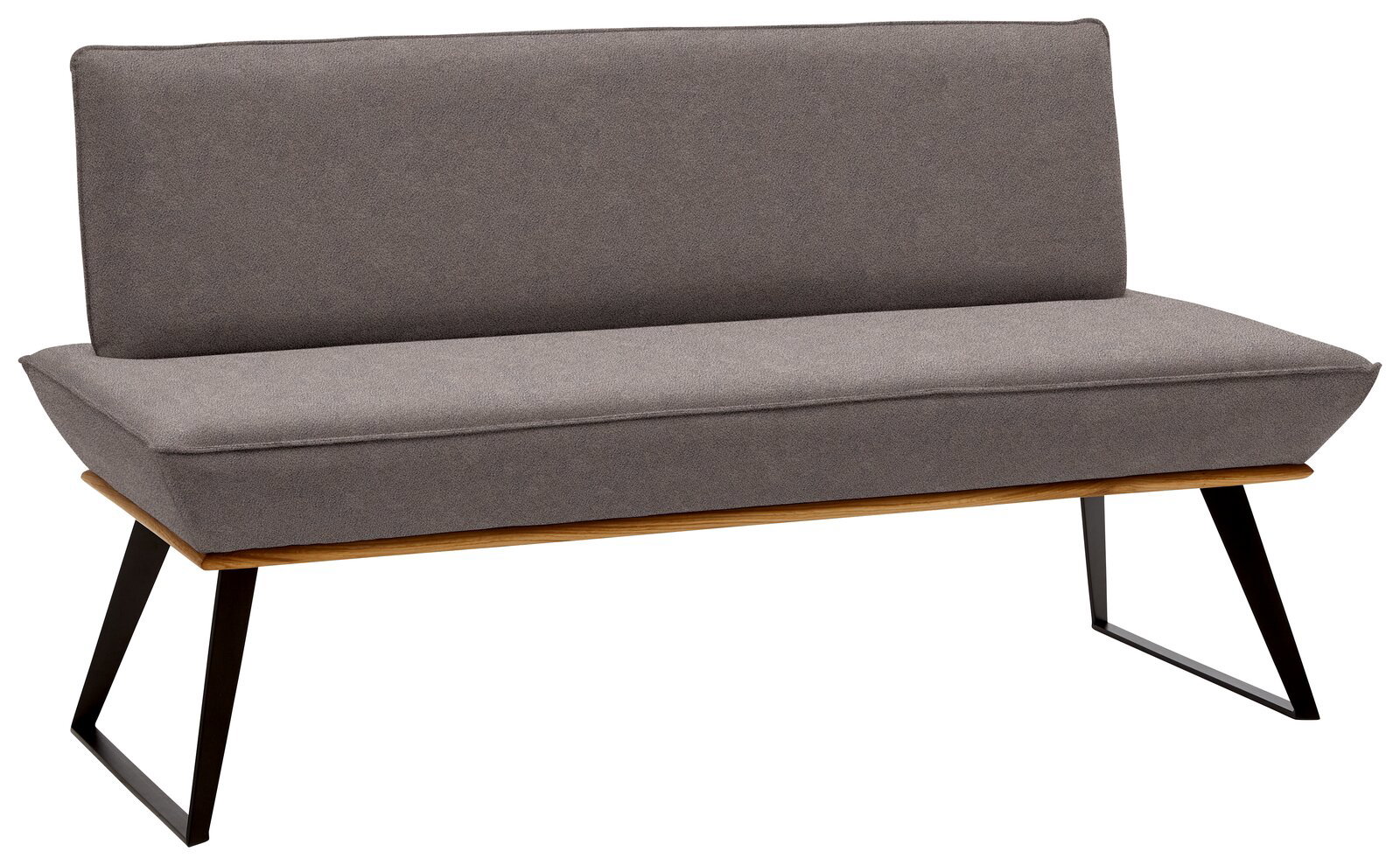 Graue Bank mit schwarzem Metallgestell, seitliche Perspektive