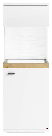 Vitrine in weiß mit Holzdetails, Frontalansicht