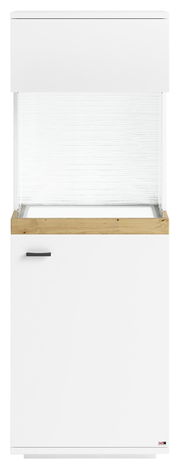 Vitrine in weiß mit Holzdetails, Frontalansicht