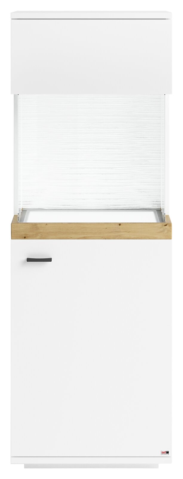 Vitrine in weiß mit Holzdetails, Frontalansicht
