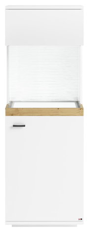Vitrine in weiß mit Holzdetails, Frontalansicht