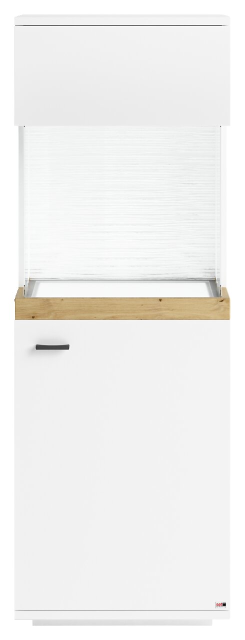 Vitrine in weiß mit Holzdetails, Frontalansicht