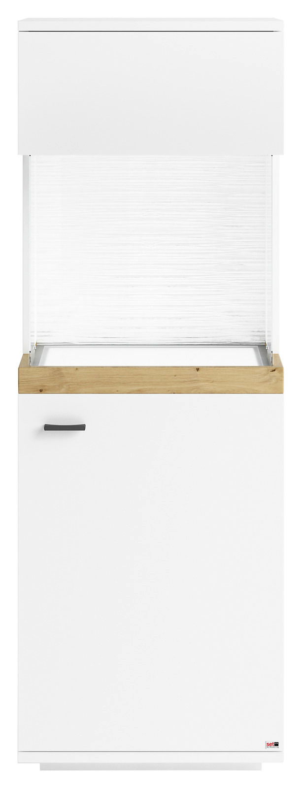 Vitrine in weiß mit Holzdetails, Frontalansicht