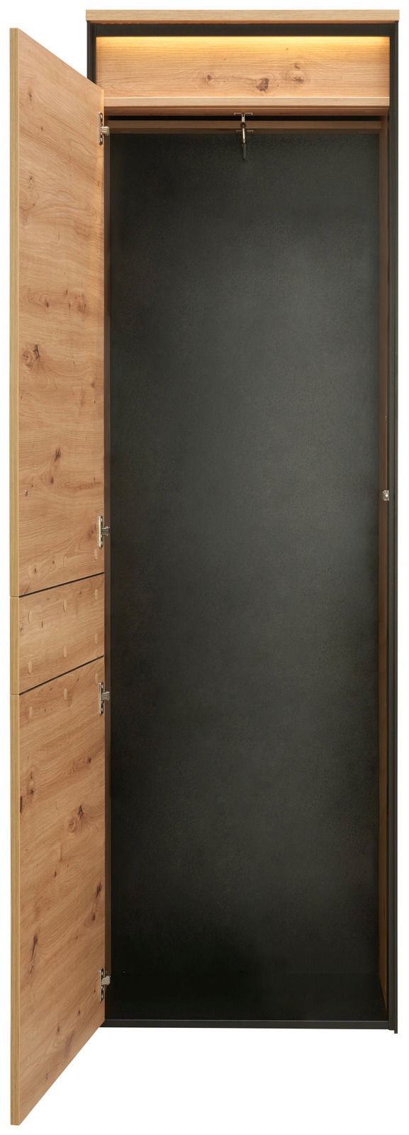 Offener Garderobenschrank aus Holz mit schwarzem Innenraum, frontal betrachtet.