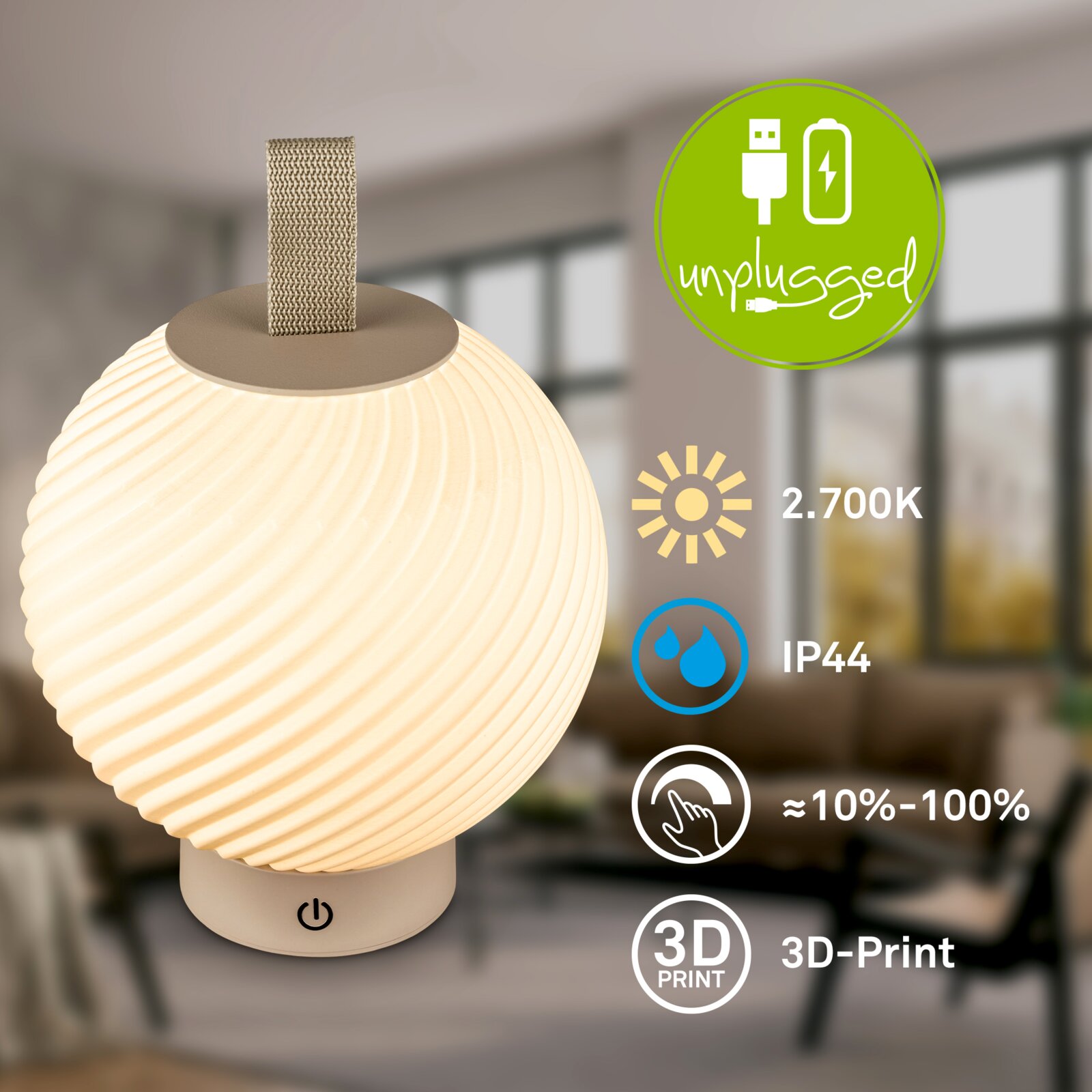 Frontansicht einer kugelförmigen, warmweiß leuchtenden LED-Tischlampe mit geriffeltem 3D-Print-Schirm, Trageschlaufe und Touch-Dimmer; Icons zeigen unplugged/akku, 2700K und IP44.