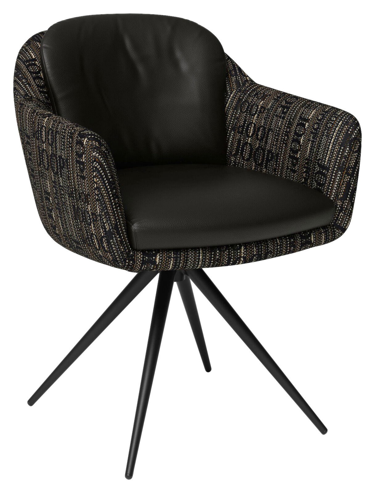 JOOP! Armlehnstuhl CHARACTERS Schwarzer Armlehnstuhl mit gemustertem Stoffbezug und vier schwarzen Metallbeinen, seitliche Perspektive