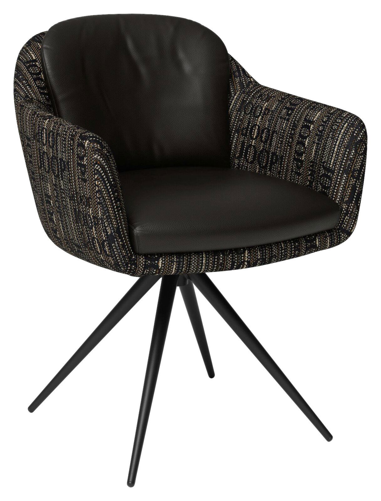 JOOP! Armlehnstuhl CHARACTERS Schwarzer Armlehnstuhl mit gemustertem Stoffbezug und vier schwarzen Metallbeinen, seitliche Perspektive