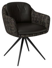 Schwarzer Armlehnstuhl mit gemustertem Stoffbezug und vier schwarzen Metallbeinen, seitliche Perspektive