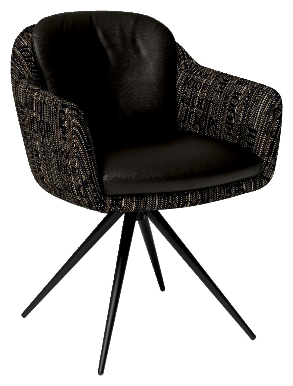 Zwarte fauteuil met een bekleding van stof met patroon en vier zwarte metalen poten, zijaanzicht