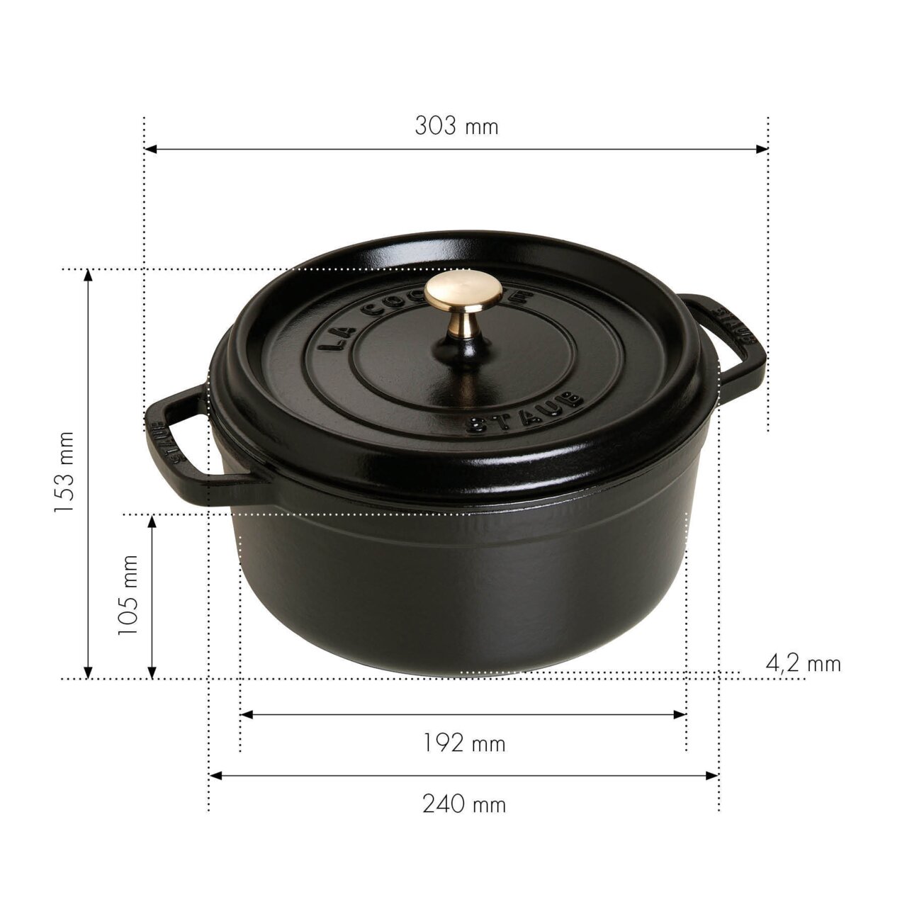 Zwarte ronde braadpan (cocotte) van 24 cm met goudkleurige knop, zijaanzicht