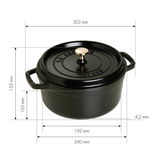 Schwarzer runder Bräter Cocotte 24cm mit goldfarbenem Knauf, seitliche Perspektive