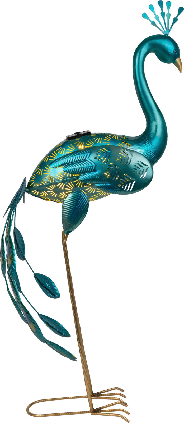 Dekorative Solarleuchte in Form eines Pfaus, seitliche Ansicht