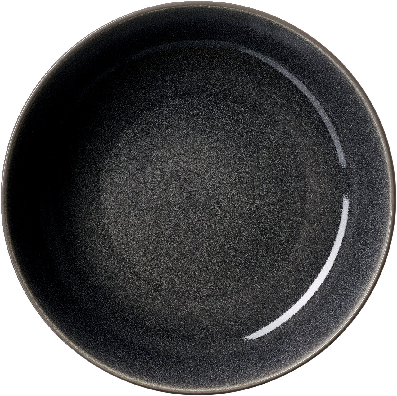 Draufsicht auf einen dunkelgrauen Suppenteller mit glatter Oberfläche, 23 cm Durchmesser.