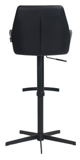 Rückansicht eines schwarzen Barhockers mit verstellbarer Höhe und stabilem Fußgestell.