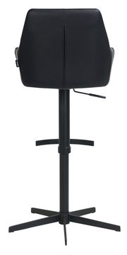 Rückansicht eines schwarzen Barhockers mit verstellbarer Höhe und stabilem Fußgestell.