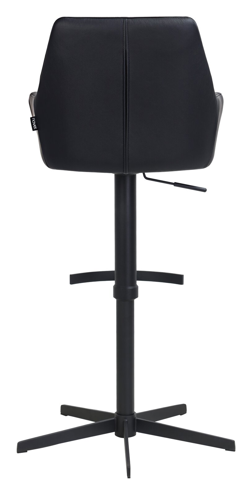Rückansicht eines schwarzen Barhockers mit verstellbarer Höhe und stabilem Fußgestell.