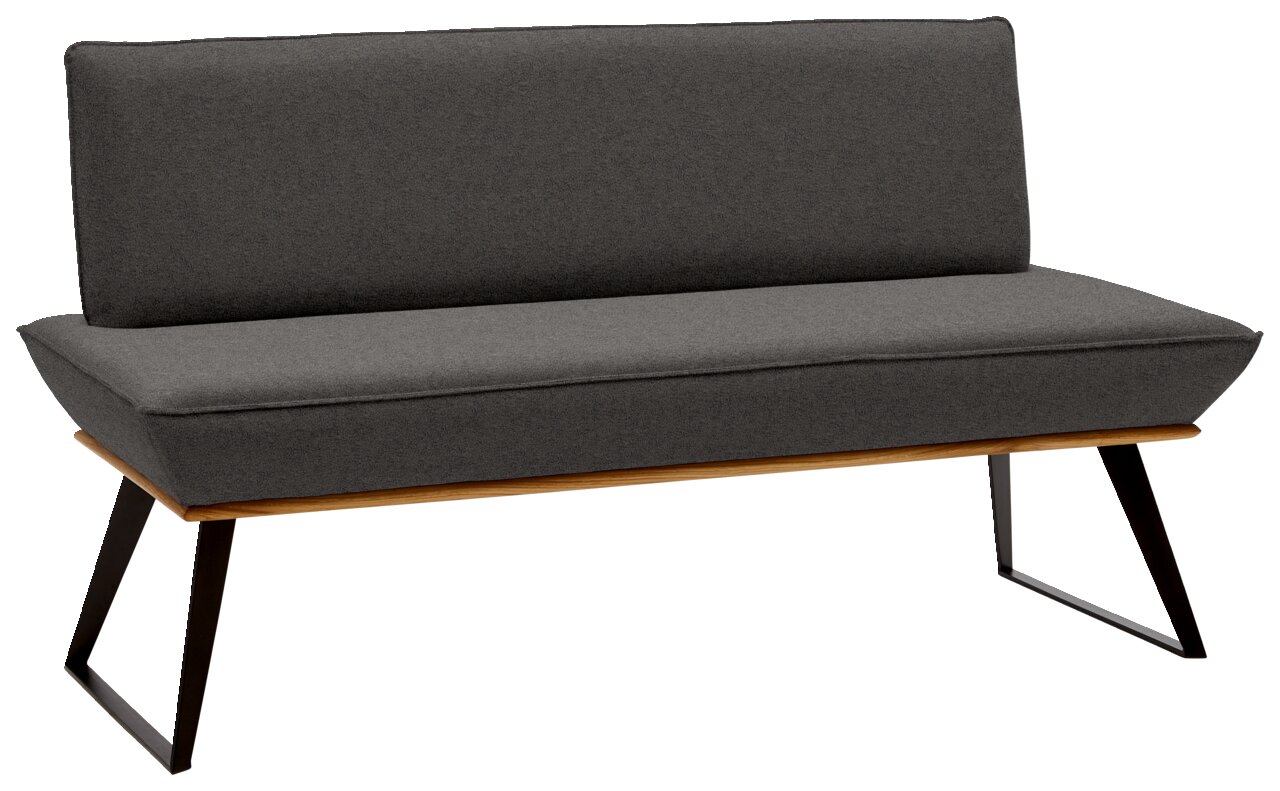 Graue Bank mit schwarzem Metallgestell, seitliche Perspektive