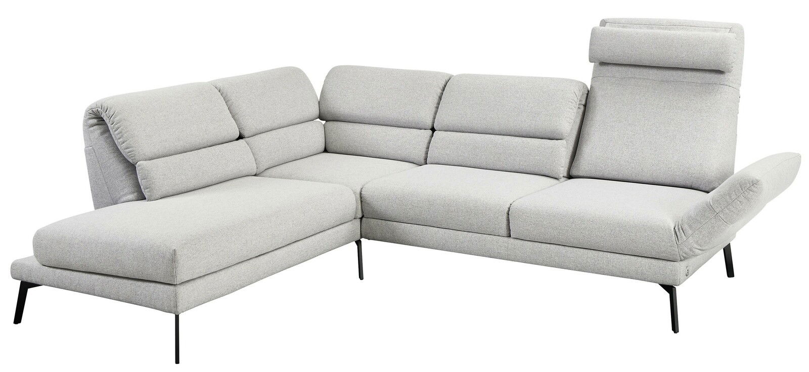 Graue Eckgarnitur mit verstellbaren Kopfstützen und Armlehnen, seitliche Perspektive