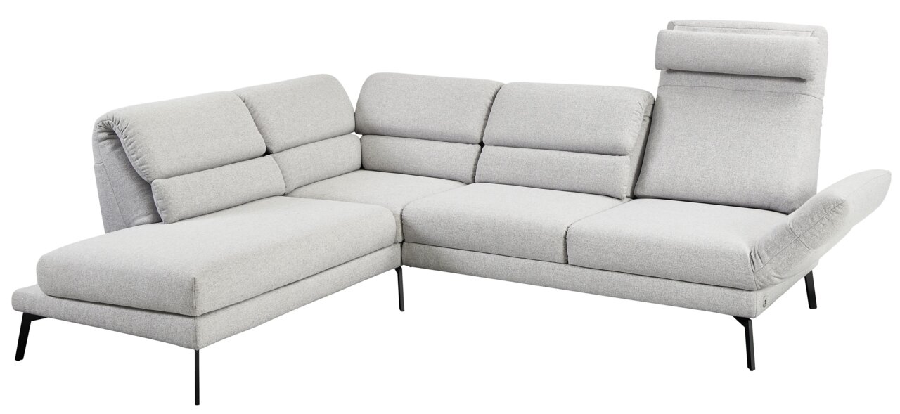 Graue Eckgarnitur mit verstellbaren Kopfstützen und Armlehnen, seitliche Perspektive