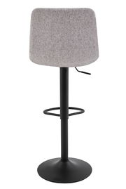 Rückansicht eines modernen Barhockers mit grauem Stoffbezug und schwarzem Metallgestell.