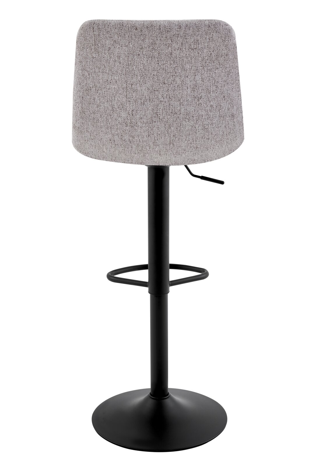 Achterkant van een moderne barkruk met grijze stoffen bekleding en een zwart metalen onderstel.