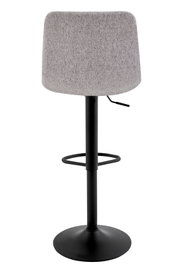 Achterkant van een moderne barkruk met grijze stoffen bekleding en een zwart metalen onderstel.