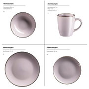 Vier-teiliges Keramik-Geschirrset in hellem Flieder mit dunklem Rand: Schüssel (Ø 18,6 cm, 850 ml) in Draufsicht, Becher (Ø 8,7 cm, H 10 cm, 400 ml) in Seitenansicht, großer Teller (Ø 27 cm) in Draufsicht und kleiner Teller (Ø 20 cm) in Draufsicht, jeweil
