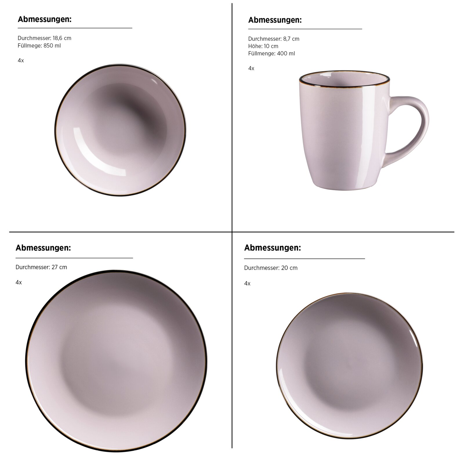 Vier-teiliges Keramik-Geschirrset in hellem Flieder mit dunklem Rand: Schüssel (Ø 18,6 cm, 850 ml) in Draufsicht, Becher (Ø 8,7 cm, H 10 cm, 400 ml) in Seitenansicht, großer Teller (Ø 27 cm) in Draufsicht und kleiner Teller (Ø 20 cm) in Draufsicht, jeweil