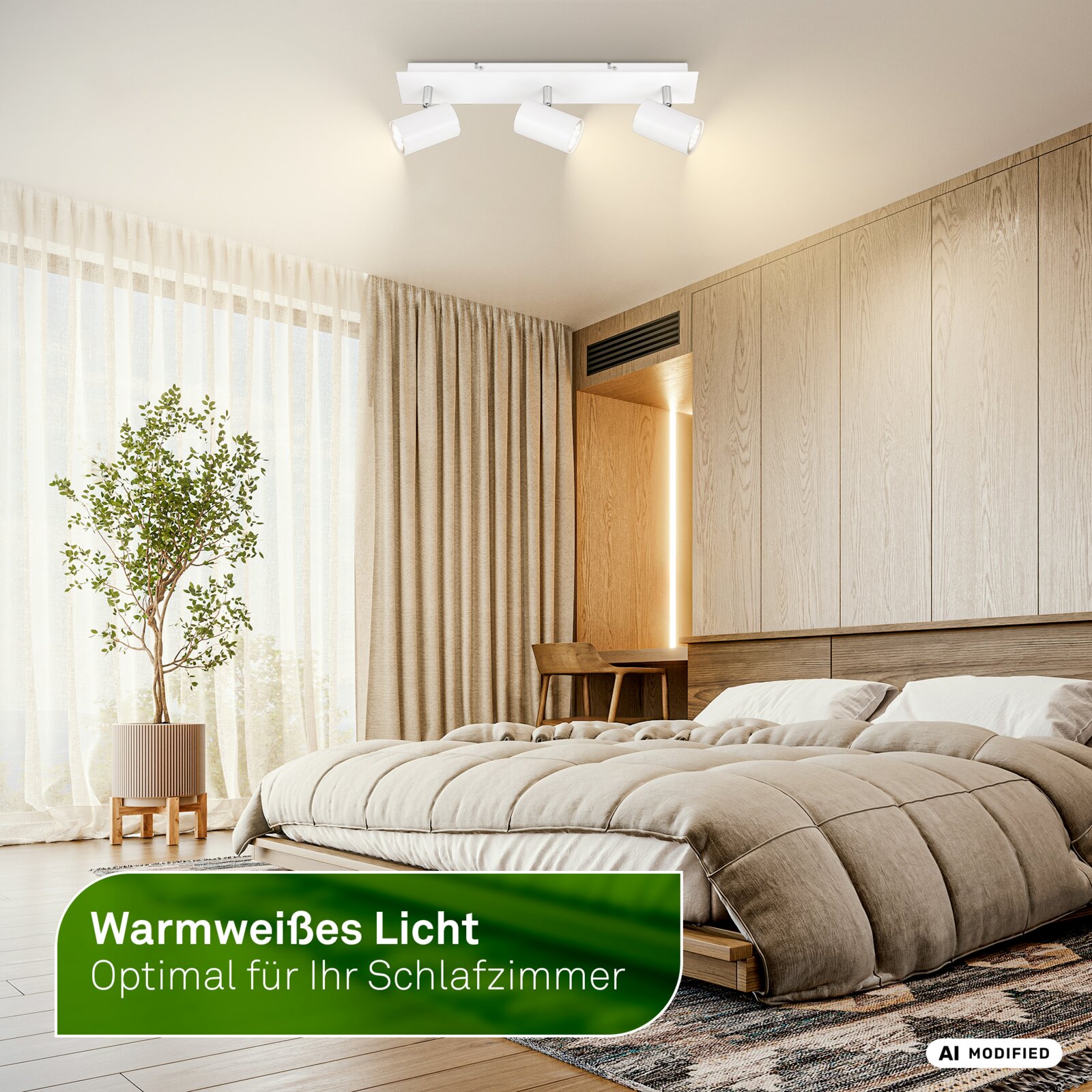 Weiße Deckenleuchte mit drei schwenkbaren Spots und warmweißem Licht im modernen Schlafzimmer, aus leichter Untersicht dargestellt