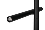 Nahaufnahme einer modernen, schwarzen LED-Stehleuchte mit zylindrischem Leuchtkopf.