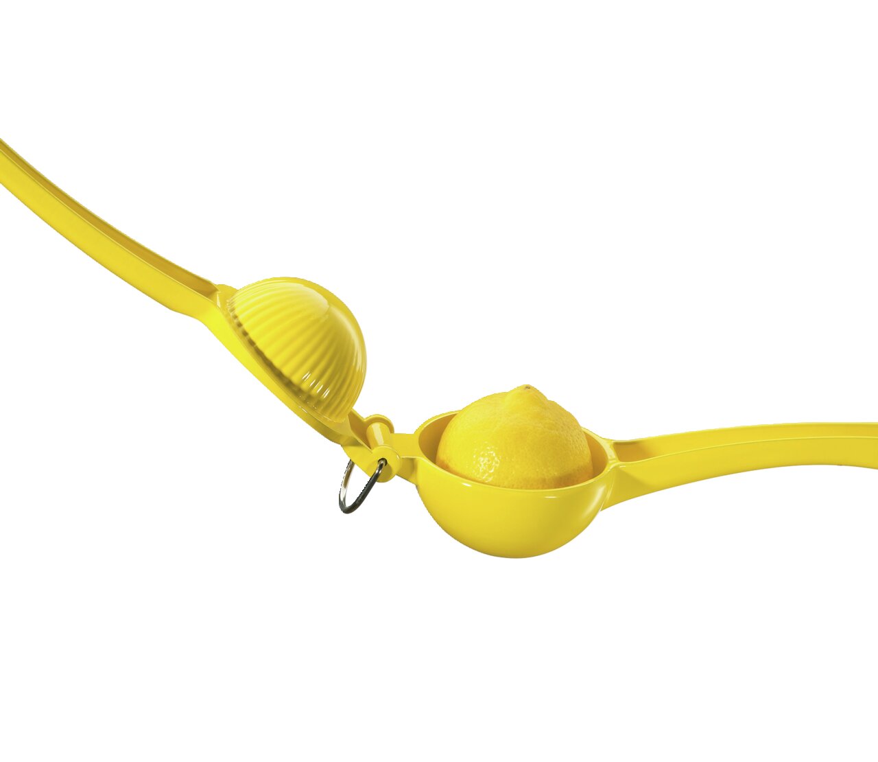 Gelbe Zitronenpresse LIMONA mit einer halben Zitrone, seitliche Perspektive