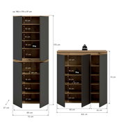 Zweiteiliges Schrank-Set in Holzoptik mit anthrazitfarbenen Türen, bestehend aus einem hohen Schrank (ca. 190 × 70 × 37 cm) und einem Sideboard (ca. 111 × 105 × 37 cm) mit offenen Regalfächern und Maßangaben, frontale Ansicht mit leicht geöffneter Türpers