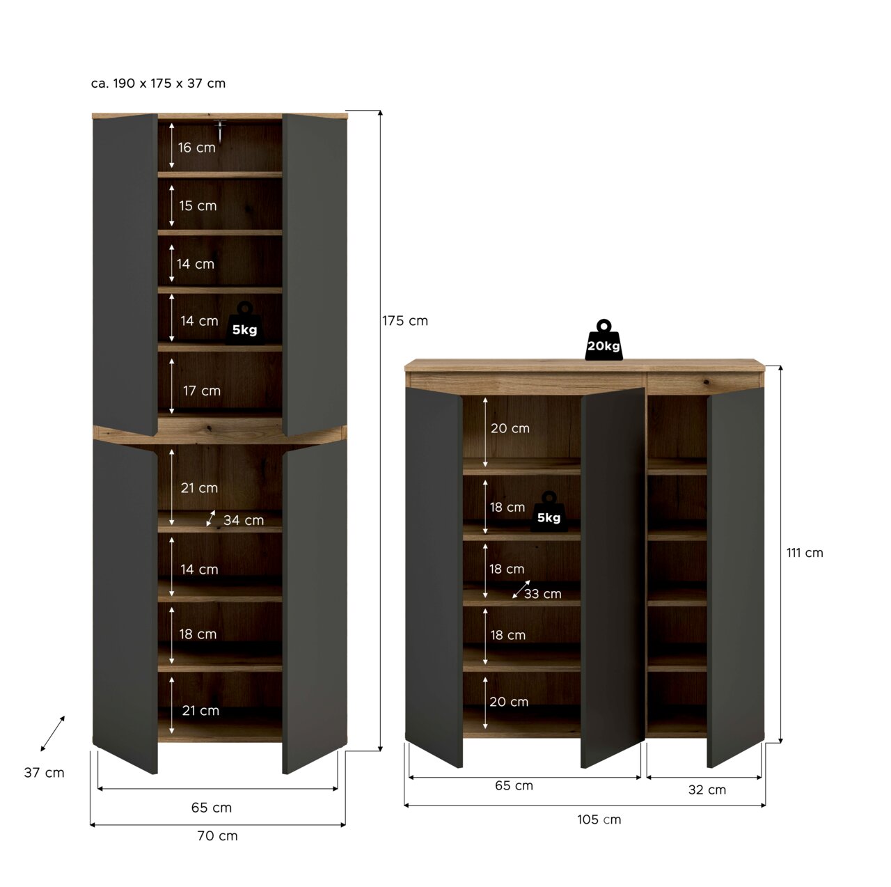 Zweiteiliges Schrank-Set in Holzoptik mit anthrazitfarbenen Türen, bestehend aus einem hohen Schrank (ca. 190 × 70 × 37 cm) und einem Sideboard (ca. 111 × 105 × 37 cm) mit offenen Regalfächern und Maßangaben, frontale Ansicht mit leicht geöffneter Türpers