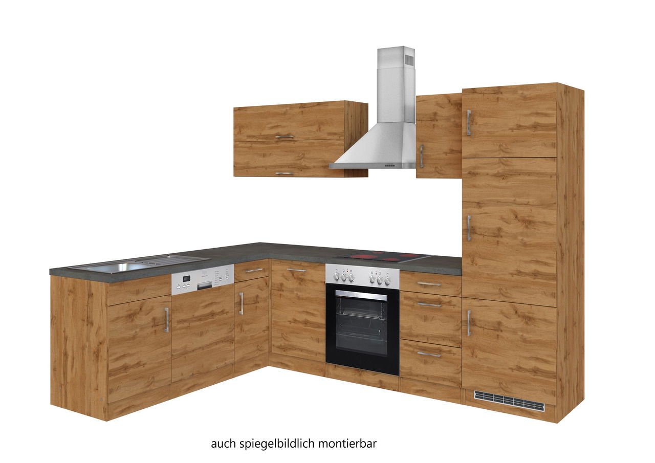 Eck-Küchenzeile in Holzoptik mit Elektrogeräten, Ansicht von vorne links