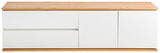 Frontale Ansicht eines modernen TV-Lowboards mit weißer Front und Holzoberfläche.