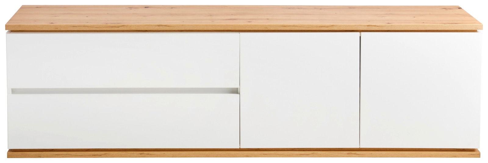 Frontale Ansicht eines modernen TV-Lowboards mit weißer Front und Holzoberfläche.