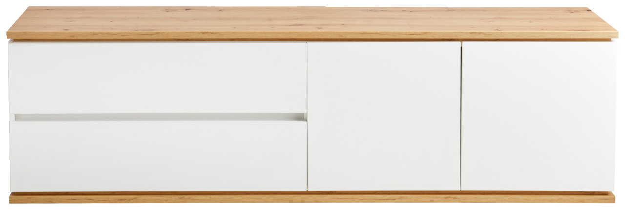 Frontale Ansicht eines modernen TV-Lowboards mit weißer Front und Holzoberfläche.