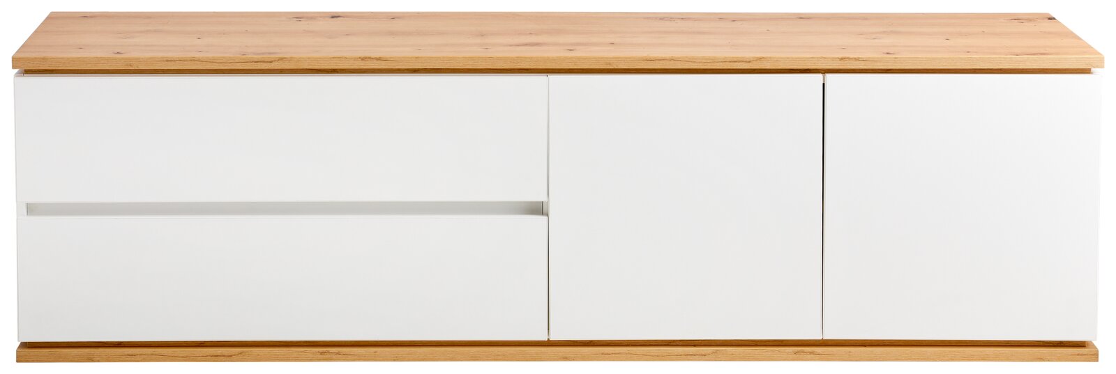 Frontale Ansicht eines modernen TV-Lowboards mit weißer Front und Holzoberfläche.