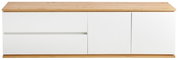 Frontale Ansicht eines modernen TV-Lowboards mit weißer Front und Holzoberfläche.