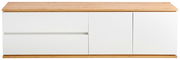 Frontale Ansicht eines modernen TV-Lowboards mit weißer Front und Holzoberfläche.