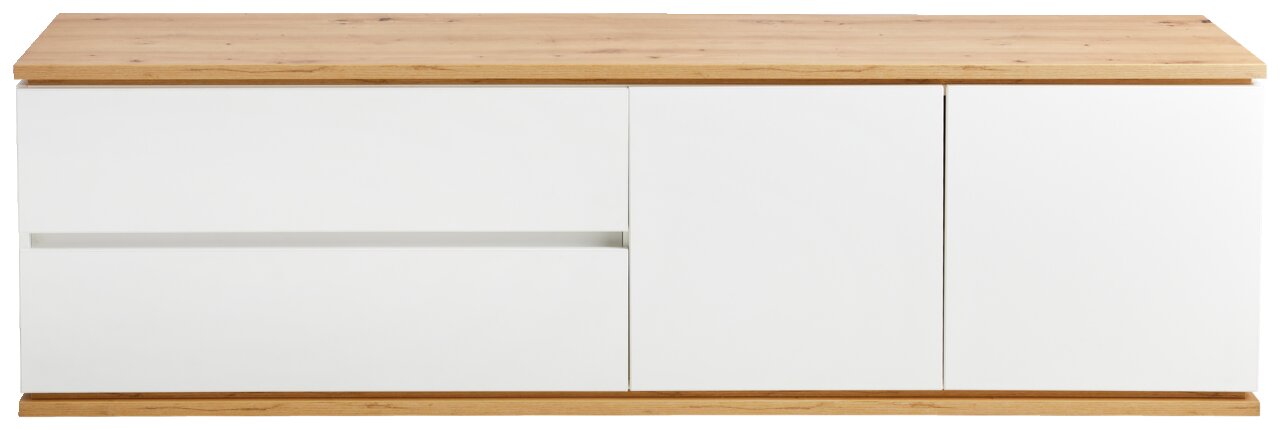 Vooraanzicht van een modern tv-lowboard met een witte voorkant en een houten oppervlak.