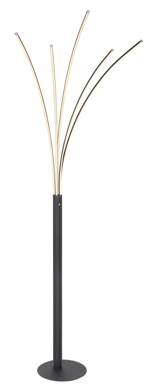 Moderne Stehleuchte aus schwarzem Metall mit geschwungenen Armen, seitliche Perspektive