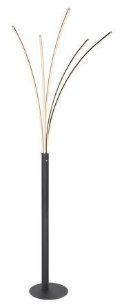 Moderne Stehleuchte aus schwarzem Metall mit geschwungenen Armen, seitliche Perspektive