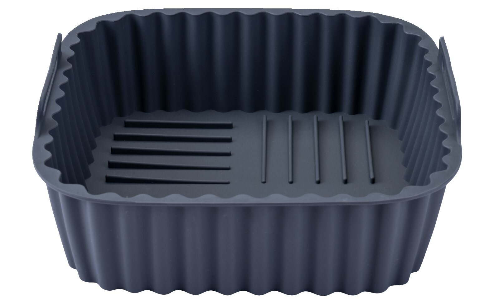 Dunkelgrauer, rechteckiger Einsatzkorb mit geriffelten Seitenwänden und erhöhten Bodenstegen, aus schräger Vorderansicht von oben dargestellt
