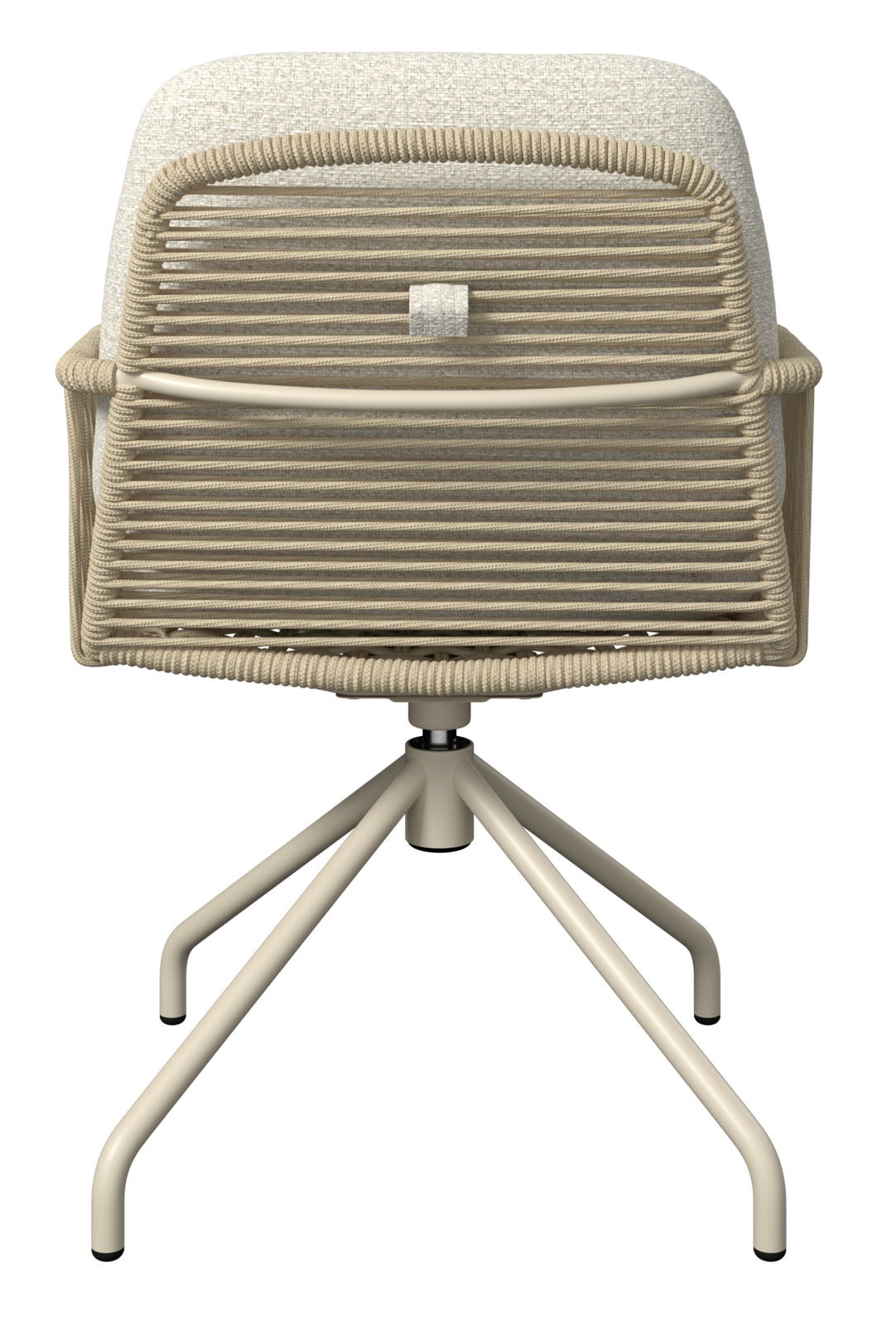 Rückansicht eines Armlehnstuhls mit geflochtenem Seildesign und vierbeiniger Metallbasis.