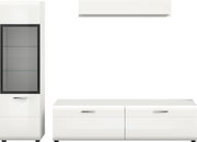 Weißes Wohnwand-Set mit Hängeschrank, niedrigem Sideboard und hoher Vitrine mit Glasfront und schwarzen Rahmen, Frontansicht auf weißem Hintergrund
