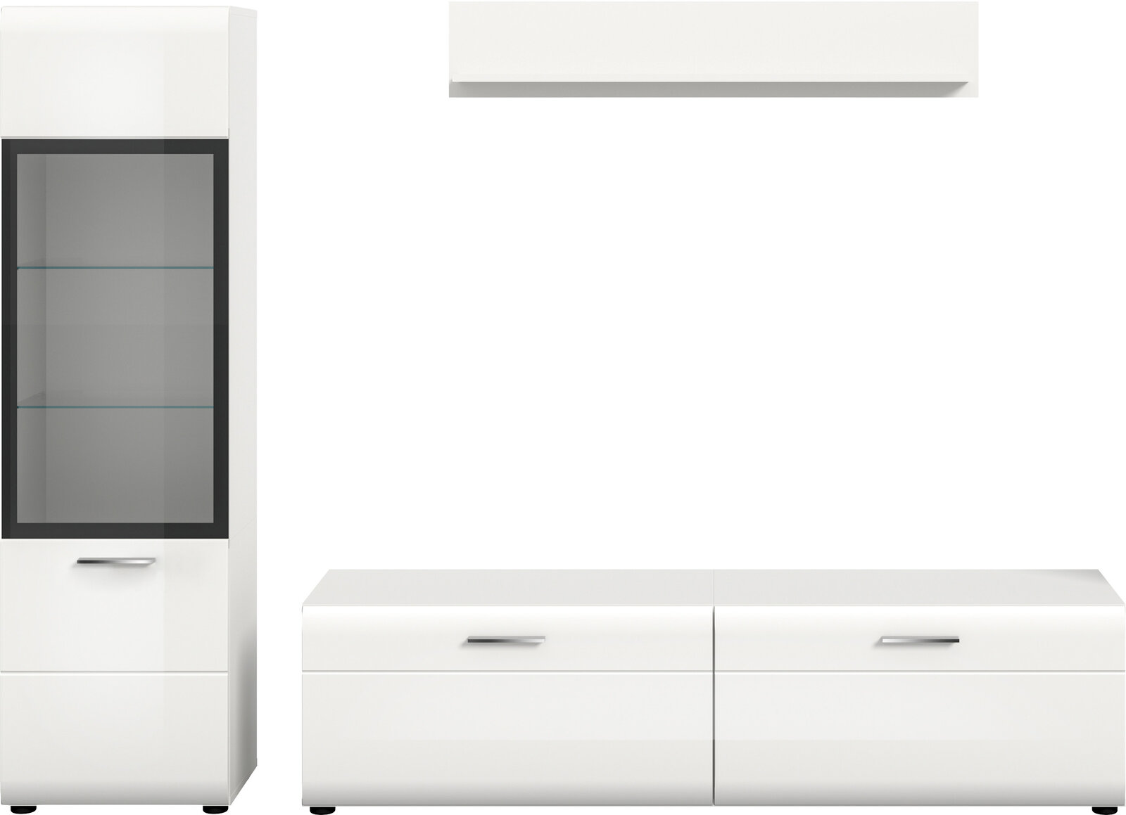 Weißes Wohnwand-Set mit Hängeschrank, niedrigem Sideboard und hoher Vitrine mit Glasfront und schwarzen Rahmen, Frontansicht auf weißem Hintergrund