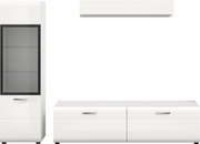 Weißes Wohnwand-Set mit Hängeschrank, niedrigem Sideboard und hoher Vitrine mit Glasfront und schwarzen Rahmen, Frontansicht auf weißem Hintergrund
